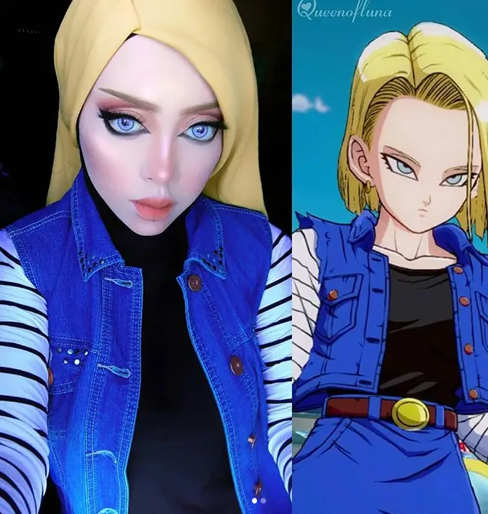 android 18 from dragonball hijab cosplay by queen of luna