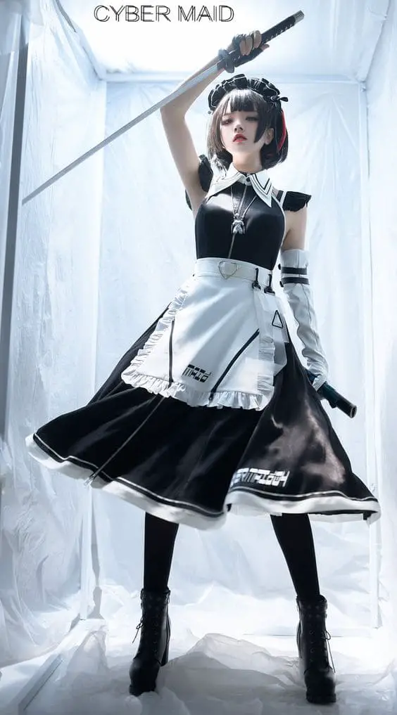 slanted katana pose hold by a girl in maid clothing